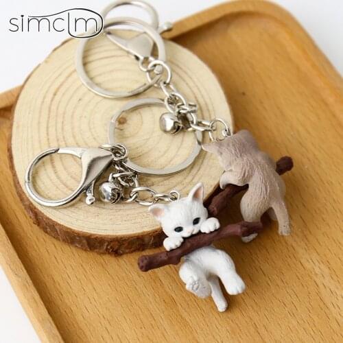 Cute Naughty Cat Animal Keychain kawaii Play trinkets Pendant With Branch Key Rings Women Bag Keys for bags Hanging Accesosries
