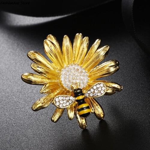 Fashion Rhinestone Crystal Brooches Pins Daisy Flower Sunflower Honeybee Insect Weddings Party Brooch Pin Women Jewelry