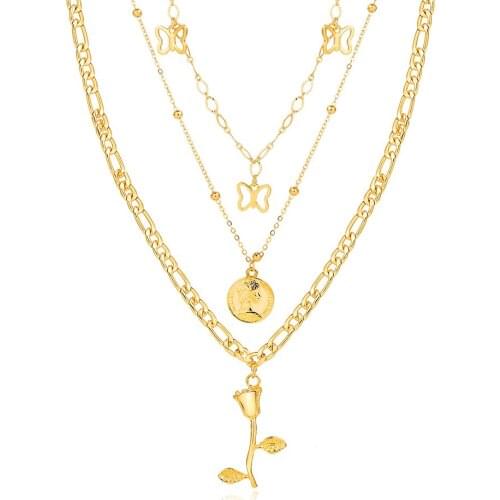 Fashion Multi-layered Rose Flower Butterfly Choker Necklace For Women Gold Color Coin Portrait Pendant Necklace Trend Jewelry