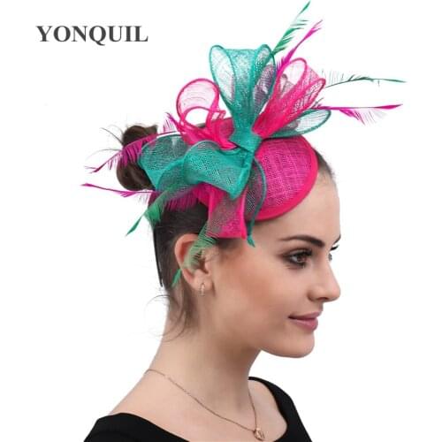 Hot Pink And Green Bow Knot Sinamay Fascinators Millinery With Feather Nice Derby Hat Red Cocktail Wedding Headwear High Quality