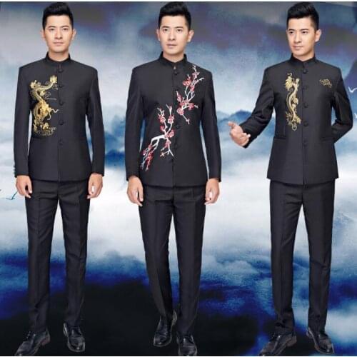 Chorus embroidery groom wedding suits for men blazer boys prom suits slim chinese tunic suit mens latest coat pant designs black