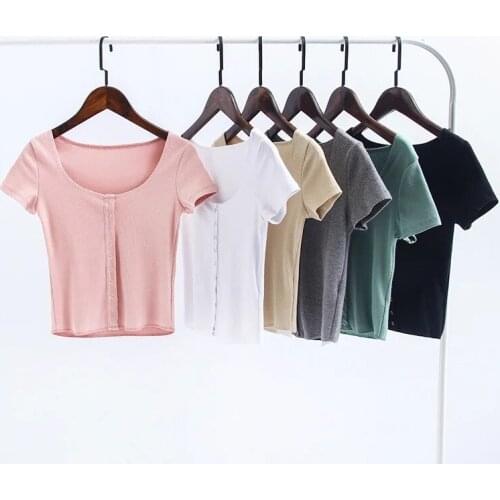 Single-breasted thread short-sleeved T-shirt spring summer the new womens low-necked cardigan Slim AA short paragraph