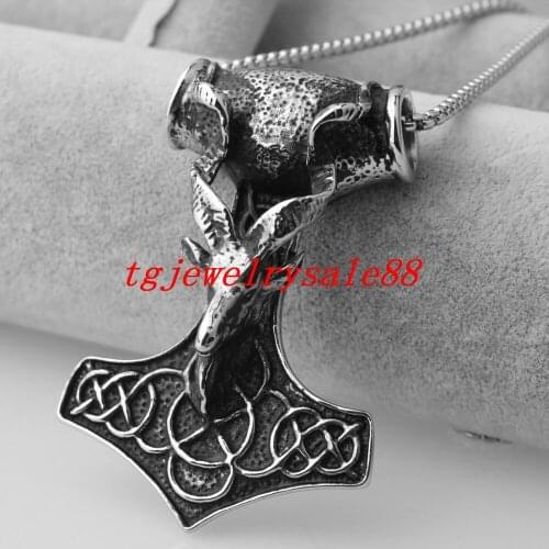 109g Heavy Huge Silver Color And Black Color Stainless Steel Sheep Head Thor Hammer Pendant Necklace Jewelry For Strong Mens