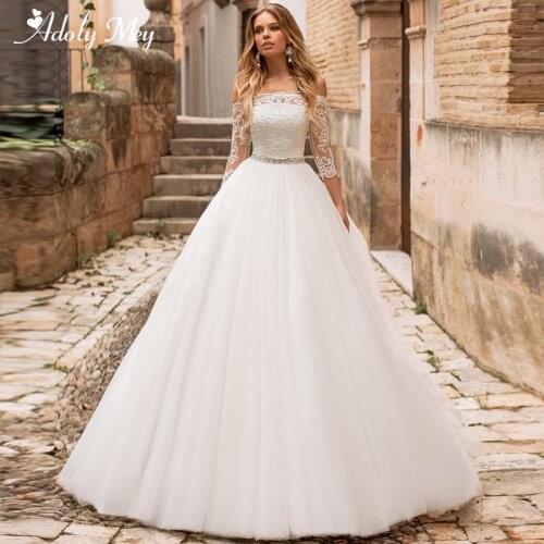 Romantic Boat Neck Appliques 3/4 Sleeves A-Line Wedding Dress 2020 Luxury Sashes Beading Tulle Brush Train Princess Bridal Gown