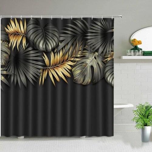 Tropical Green Plant Bathroom Shower Curtains Black Background Gold Palm Leaf Pattern Bath Curtain Waterproof Bathtub Home Decor