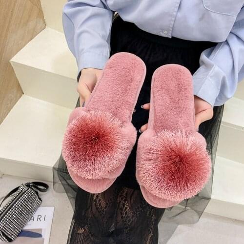 Women Fluffy Slippers 2021 Womens Fur Ball Flip Flops Non-slip Indoor Plush Flat Floor Slippers Open Toe Casual Cotton Slippers