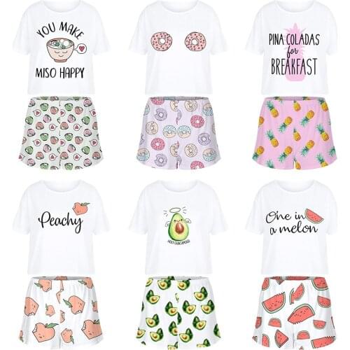 Women Girls Summer Pajamas Set Cute Cartoon Avocado Letters Printed Short Sleeve Loose Tops Bowknot Shorts Sleepwear Loungewear