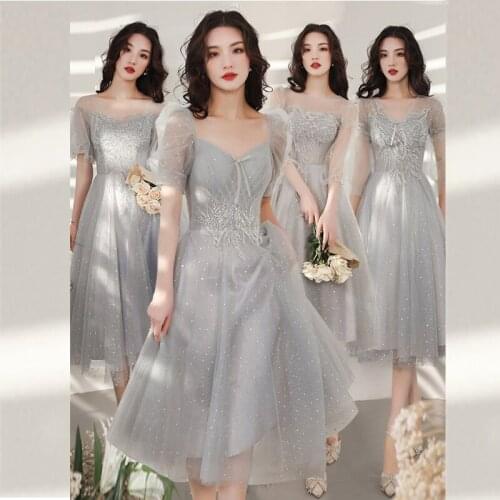 Bridesmaids Dresses Illusion Short V-Neck Tulle Lace Knee-Length A-Line Embroidery Sequined Luxury Women Wedding Party Gown E657