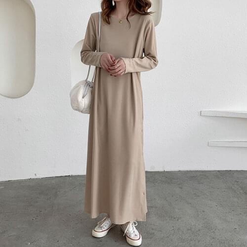 Women Solid Elegant Dress 2021 Spring Autumn Maxi Long Dress Casual Pullover Dresses Long Sleeve Button Basic Vestidos
