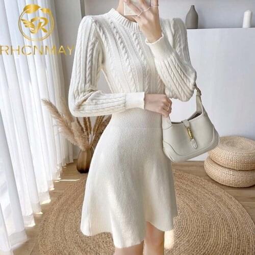 Fashion New 2021 Korean Chic Winter Knitted Ladies Dresses Stretch A Line Vintage Christmas Dress Warm Long Sleeve Sweater Dress