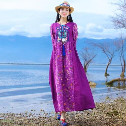 Vintage Ethnic Style Print Embroidered Long Sleeve Women Dress Purple Floral Robe Vestidos De Mujer Casual Plus Size 5XL Clothes