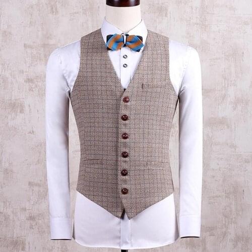 Mens New Fashion Plaid Suit Vest Tweed Wool Formal Waistcoat for Groomsmen for Wedding