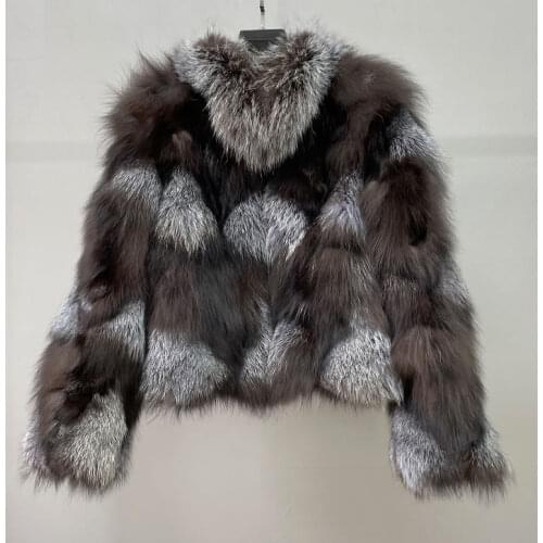 Winter Warm Womens Real Silver Fox Fur Short Jacket Long Sleeve Fashion Natural Fox Fur Coat Female Plush Coats QD.YISHANG