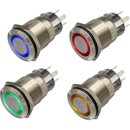 1Pcs 19mm 12V 5Pin Red/Green/Blue/Orange Ring Led Light Metal Momentary Push Button Switch