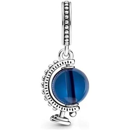 100% PAN S925 Silver New Spinning Blue Globe Pendant For Original Pandora Bracelets And Necklaces Womens Diy Charm Jewelry
