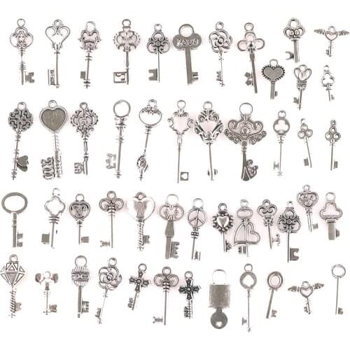 50Pcs/Lot Mixed Metal Flower Shaped key Charm Finding Lock Tool Pendant For Men Bracelet Necklaces Jewelry Accessories 23209