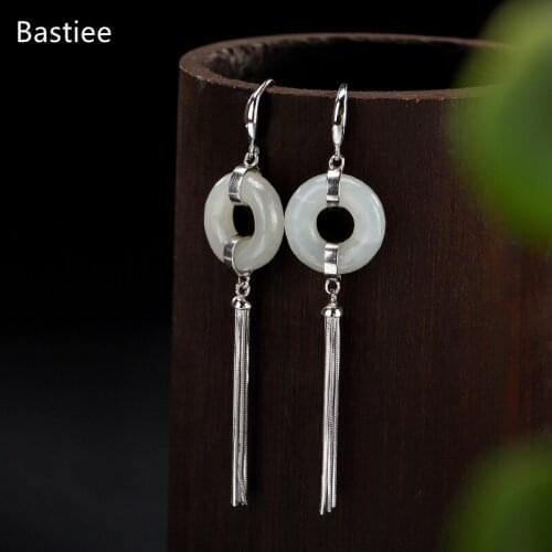 Bastiee Silver 925 Jewelry 925 Sterling Silver Earrings Dangle Earrings Vintage Inlaid Jade Korean Earrings Silver