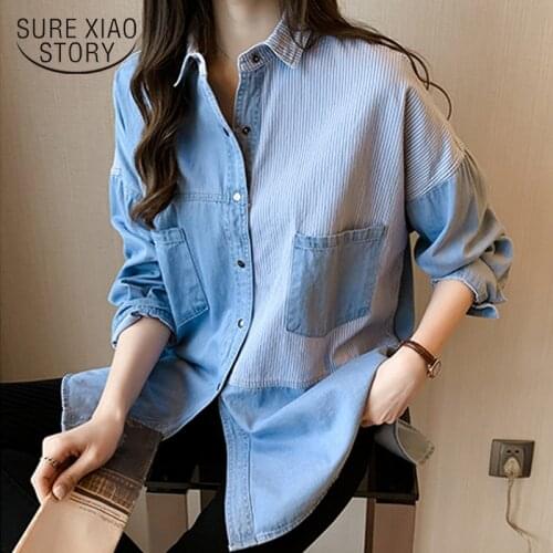 2021 Spring New Loose Korean Plus Size Blouse Camisa Jeans Feminina Shirt Cotton Female Long Sleeve Womens Denim Shirt 7256 50