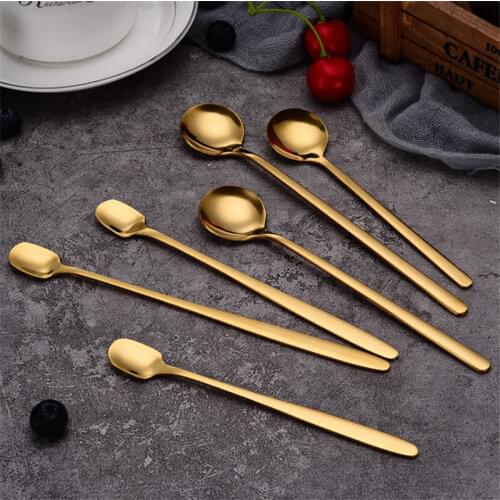 Tea Coffee Mixing Spoon Gold Spoon Long Handle Dessert Stainless Steel Vintage Teaspoons Drink Tableware Round Design 1PCS