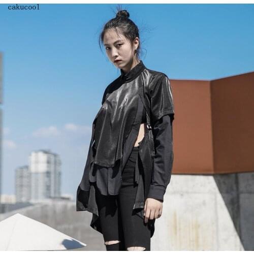 Cakucool 2020 spring and summer dark punk style personality fashion modeling long irregular short sleeve shirt