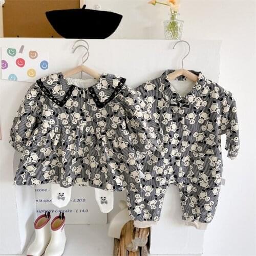 2021 Baby Floral Rompers Brother Sister Matching Clothes Infant Print Bear Dress and Jumpsuits Toddler Twins Pajamas Suits
