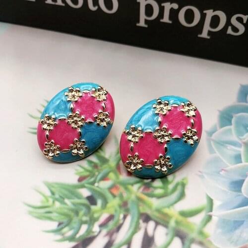 Colorful Vintage Graffiti Earrings Enamel Blue Pink Oval Shape Statement Alloy Textured Accessories