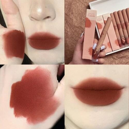 6 Color Thin Tube Matte Lipstick Fashion Velvet Lip Gloss Waterproof Durable Non-stick Cup Sexy Lip Practical Cosmetic TSLM1