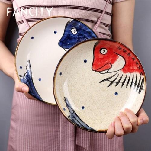 FANCITY Japanese style 8 inch creative ceramic deep plate home round dinner plate rice plate Western steak plate breakfast plate
