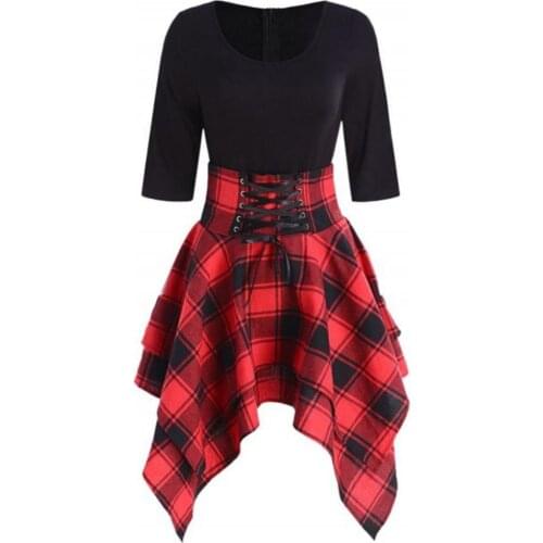 Dress Women Summer Gothic Women Lace Up High Waist Plaid Patchwork Asymmetric Mini Dress Summer Dresses Womens Clothing 2021