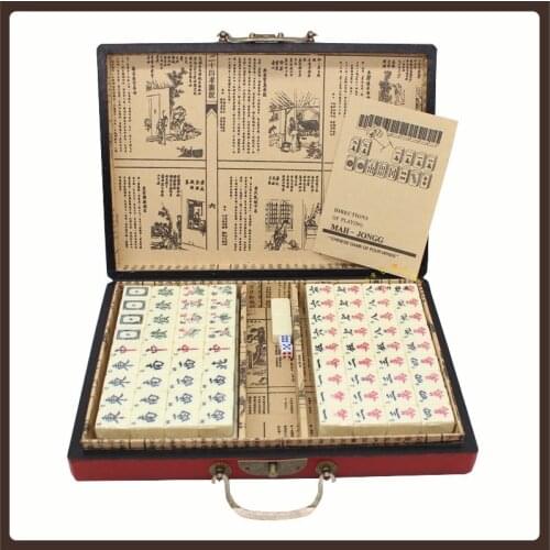 Antique Chinese Mahjong English 144 Set Traditional Tournament Classic Family Games Creative Gift Xadrez Jogo Retro Leather Box