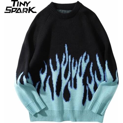 Hip Hop Mens Streetwear Harajuku Knitted Sweater Blue Fire Flame 2020 Autumn Sweater Pullover Loose HipHop Retro Vintage Cotton