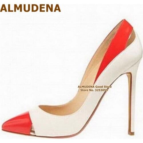 ALMUDENA Red White Patent Leather Cut-out Dress Shoes 12 10 8cm Thin High Heel Pointed Toe Wedding Pumps Patchwork Women Shoes