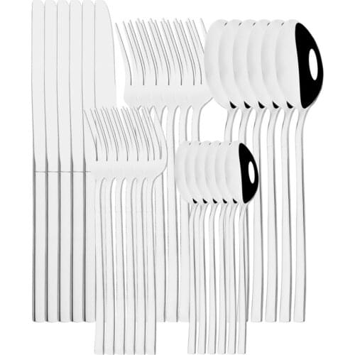 6/30Pcs Mirror Silver Cutlery Set Knife Fork Spoon Dinnerware Dinner Tableware Stainless Steel Flatware Silverware Set Kitchen