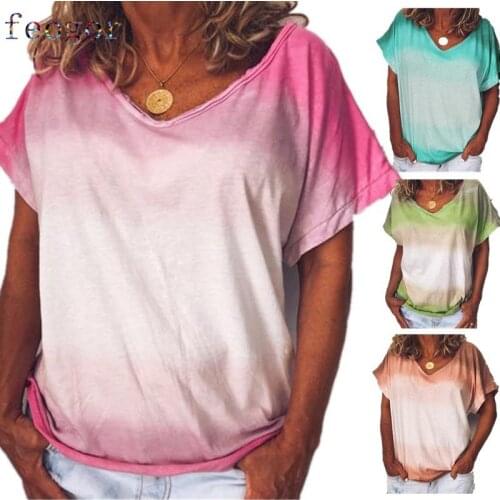 FEOGOR Oversized T-shirt Womens blouse 2021 summer casual womens rainbow gradient print short-sleeved T-shirt top Shirt