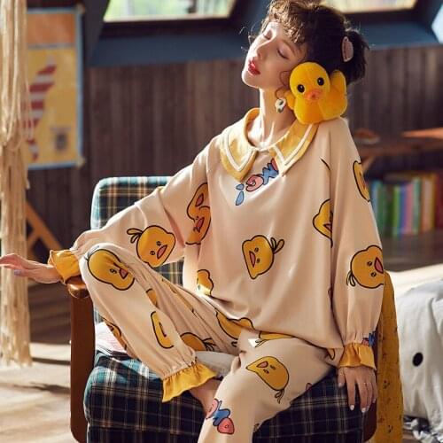 Ladies Pajamas Spring Autumn Round Neck Long-sleeved Sleepwear Suit Casual and Comfortable Home Wear Can Wear Pajamas Set Women