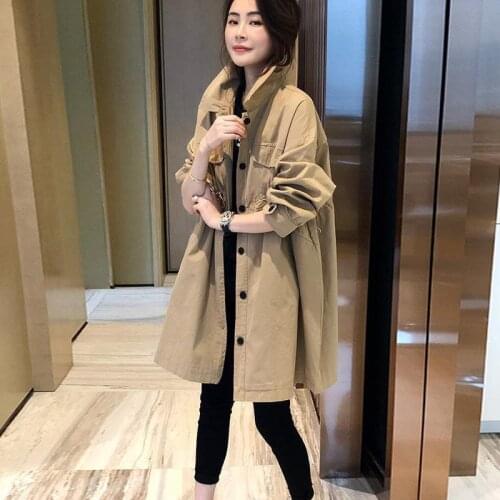 2021 Spring Autumn Korean Stand Collar Windbreaker Women Loose Mid-Length Solid Color Coat Women Jacket Trendy Drawstring Thin