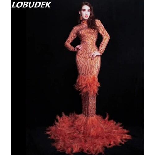 Lady Singer Evening Performance Long Dress Models Catwalk Orange Feathers Rhinestones Mermaid Dress Stage Host Trailing Dresses