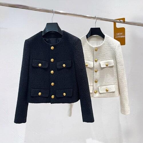 Autumn Winter Tweed Short Jacke Coat Women Runway Designer O-neck Buttons Single Breasted Vintage Elegant Outerwear French