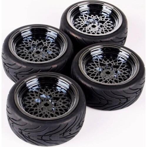 4 Pieces 1/10th RC Car Rubber Tires & Wheel Accessories For Road Vehicles Black