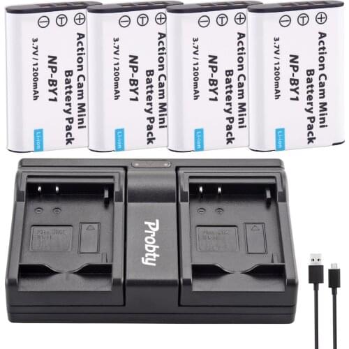 4Pcs Probty NP-BY1 NP BY1 NPBY1 Battery + USB Dual Charger For Sony HDR-AZ1VR AZ1 AZ1V AZ1VR Sport Action Cam Mini Camcorder