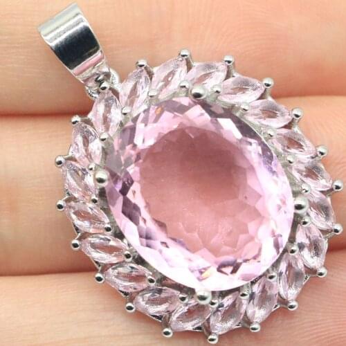 40x24mm SheCrown Jewelry Set 14.4g Pink Kunzite CZ Womans Bride Jewelry 925 Sterling Silver Earrings Pendant