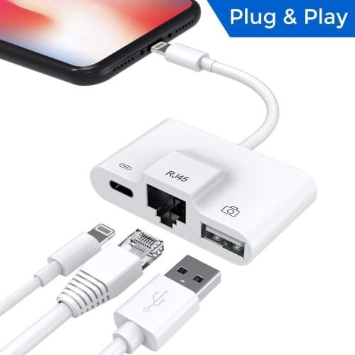 3 in 1 Charger Charging & Data Sync OTG Adapter for Lightning to RJ45 Ethernet LAN Wired Network Adapter for iPhone/iPad