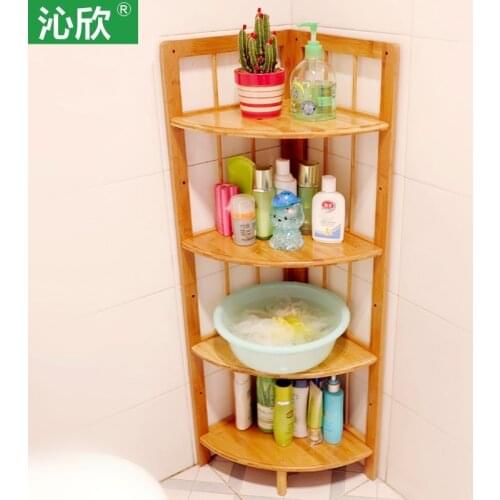 Bamboo bathroom floor corner shelf bathroom shelf washbasin home wood storage compartment shelves Specials