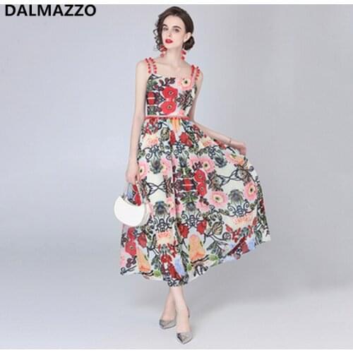 DALMAZZO 2021 Summer Women Slash Neck Spaghetti Strap Sleeveless Beach Holiday Long Dress Chiffon Printed Backless Vestidos XXL