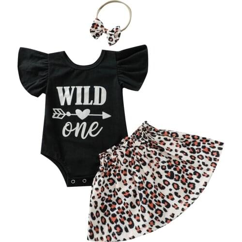 FOCUSNORM 0-24M Summer Baby Girls Clothes Sets 3pcs Ruffles Sleeve Letter Romper Tops Leopard Skirts Headband