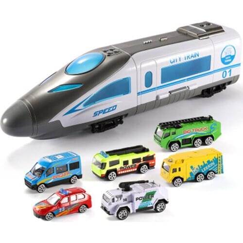 7Pcs Childrens Train Toys Large-scale Receivable Track Puzzle Early Teaching Fun Car Model Inertial Light Music Alloy Car