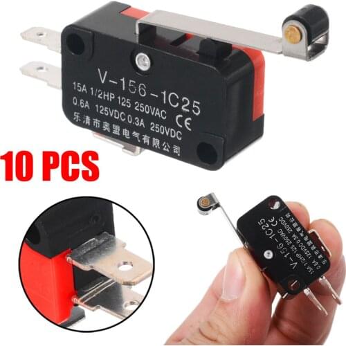 10pcs Limit Switch 3 Terminals Micro Switch Long Hinge Roller Momentary SPDT Snap Action For AC DC Control Circuits