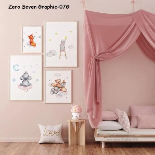 Cute Watercolor Cartoon Baby Animal Rabbit Picking Stars Little Balloon Bear Canvas Poster Print Picture Baby Room Decoration