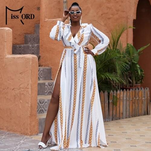 Missord 2021 Sexy Women Summer Dress Plus Size V Neck Split Thigh Belted Ruffle Long Sleeve High Waist Causal Beach Maxi Dresses