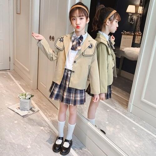 Spring And Autumn Girls Fashion Suit Girls Casual Lapel Suit Cardigan + Pleated Plaid Skirt Bowknot Shirt Girls College Uniform